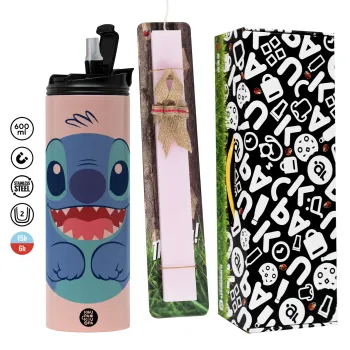 Lilo & Stitch blue, Πασχαλινή Λαμπάδα με  ΡΟΖ Travel Tumbler θερμό (600ml, BPA free) & κερί αρωματικό πλακέ (30cm) (ΡΟΖ)