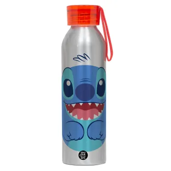 Lilo & Stitch blue, Αλουμινένιο Αθλητικό Μπουκάλι 650ml – Ασημί με Κόκκινο Καπάκι και Λουράκι Σιλικόνης