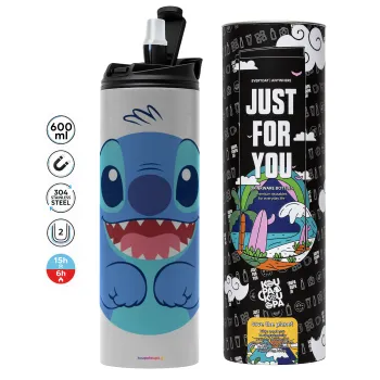 Lilo & Stitch blue, Tumbler ποτήρι θερμό ΓΚΡΙ από ανοξείδωτο ατσάλι 600ml