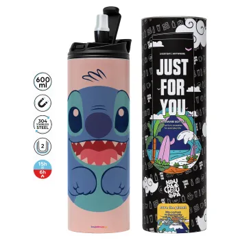 Lilo & Stitch blue, Tumbler ποτήρι θερμό ΡΟΖ από ανοξείδωτο ατσάλι 600ml