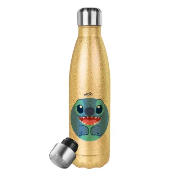 Lilo & Stitch blue, Glitter gold stainless steel thermos bottle, double-walled, 500ml