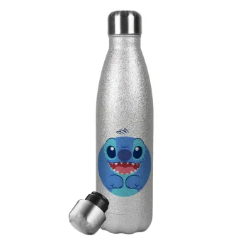Lilo & Stitch blue, Μεταλλικό παγούρι θερμός Glitter Aσημένιο (Stainless steel), διπλού τοιχώματος, 500ml