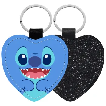 Lilo & Stitch blue, Μπρελόκ PU δερμάτινο glitter καρδιά ΜΑΥΡΟ