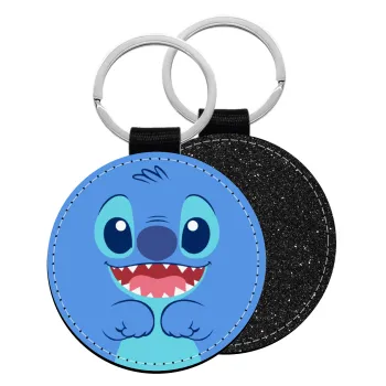 Lilo & Stitch blue, Μπρελόκ Δερματίνη, στρογγυλό ΜΑΥΡΟ (5cm)