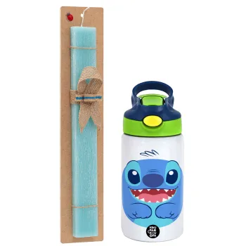 Lilo & Stitch blue, Πασχαλινή Λαμπάδα με Παιδικό παγούρι θερμό, ανοξείδωτο, με καλαμάκι ασφαλείας, πράσινο/μπλε (350ml) & κερί αρωματικό πλακέ (30cm) (ΤΙΡΚΟΥΑΖ)