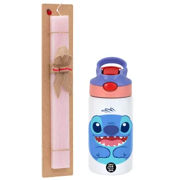 Lilo & Stitch blue, Πασχαλινή Λαμπάδα με Παιδικό παγούρι θερμό, ανοξείδωτο, με καλαμάκι ασφαλείας, ροζ/μωβ (350ml) & κερί αρωματικό πλακέ (30cm) (ΡΟΖ)