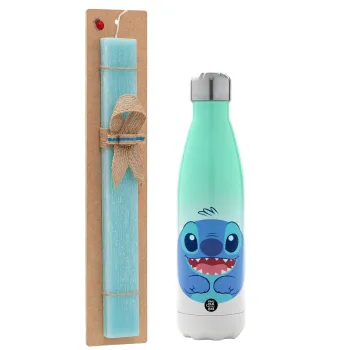 Lilo & Stitch blue, Easter Set, Metallic green/white thermos (Stainless steel), double-walled, 500ml & scented flat Easter candle (30cm) (TURQUOISE)