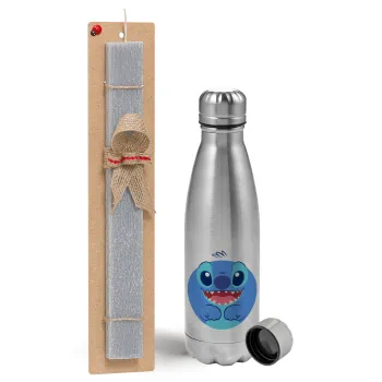Lilo & Stitch blue, Easter Set, metallic Inox water bottle (750ml) & aromatic flat Easter candle (30cm) (GRAY)