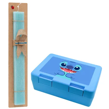 Lilo & Stitch blue, Πασχαλινή Λαμπάδα με παιδικό δοχείο κολατσιού ΓΑΛΑΖΙΟ & κερί αρωματικό πλακέ (30cm) (ΤΙΡΚΟΥΑΖ)