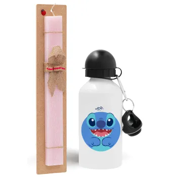 Lilo & Stitch blue, Πασχαλινή Λαμπάδα με παγούρι μεταλλικό αλουμινίου (500ml) & κερί αρωματικό πλακέ (30cm) (ΡΟΖ)