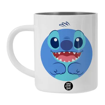 Lilo & Stitch blue, Λευκή Ανοξείδωτη Μεταλλική Κούπα 450ml - Διπλού Τοιχώματος 