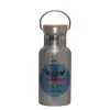 Stainless steel metallic thermos flask, silver with a bamboo lid, double-walled, 350ml.