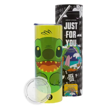 Lilo & Stitch blue, Neon Yellow Travel Tumbler θερμό, μεταλλικό καλαμάκι(Ανωξείδωτο 304 Food grade, BPA free, 600ml)