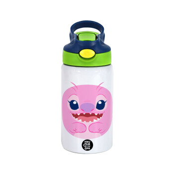 Lilo & Stitch Angel pink, Children's hot water bottle, stainless steel, with safety straw, green, blue (350ml)