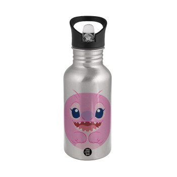 Lilo & Stitch Angel pink, Water bottle Silver with straw, stainless steel 500ml