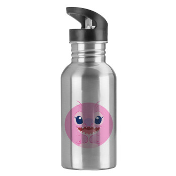 Lilo & Stitch Angel pink, Water bottle Silver with straw, stainless steel 600ml