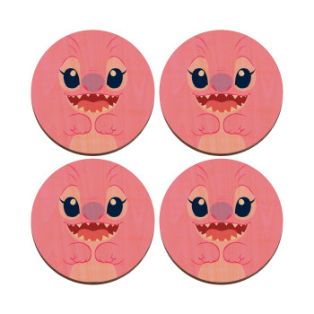 Lilo & Stitch Angel pink, ΣΕΤ x4 Σουβέρ ξύλινα στρογγυλά plywood (9cm)