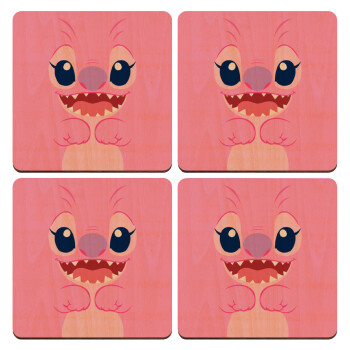 Lilo & Stitch Angel pink, ΣΕΤ x4 Σουβέρ ξύλινα τετράγωνα plywood (9cm)
