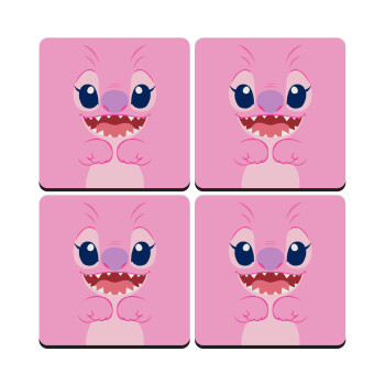 Lilo & Stitch Angel pink, ΣΕΤ 4 Σουβέρ ξύλινα τετράγωνα (9cm)