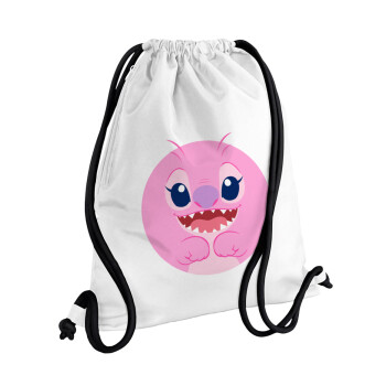 Lilo & Stitch Angel pink, Τσάντα πλάτης πουγκί GYMBAG λευκή, με τσέπη (40x48cm) & χονδρά κορδόνια