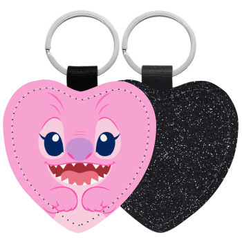 Lilo & Stitch Angel pink, Μπρελόκ PU δερμάτινο glitter καρδιά ΜΑΥΡΟ
