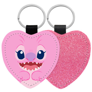 Lilo & Stitch Angel pink, Μπρελόκ PU δερμάτινο glitter καρδιά ΡΟΖ