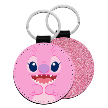 Lilo & Stitch Angel pink, Μπρελόκ Δερματίνη, στρογγυλό ΡΟΖ (5cm)