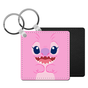 Lilo & Stitch Angel pink, Μπρελόκ Δερματίνη, τετράγωνο ΜΑΥΡΟ (5x5cm)