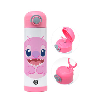 Lilo & Stitch Angel pink, Παιδικό παγούρι θερμό, ανοξείδωτο, με καλαμάκι ασφαλείας, ΡΟΖ (500ml)