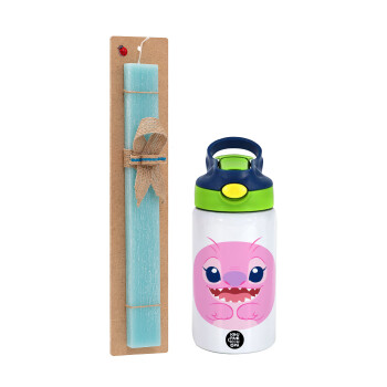 Lilo & Stitch Angel pink, Πασχαλινό Σετ, Παιδικό παγούρι θερμό, ανοξείδωτο, με καλαμάκι ασφαλείας, πράσινο/μπλε (350ml) & πασχαλινή λαμπάδα αρωματική πλακέ (30cm) (ΤΙΡΚΟΥΑΖ)