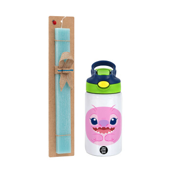 Lilo & Stitch Angel pink, Easter Set, Children's thermal stainless steel bottle with safety straw, green/blue (350ml) & aromatic flat Easter candle (30cm) (TURQUOISE)