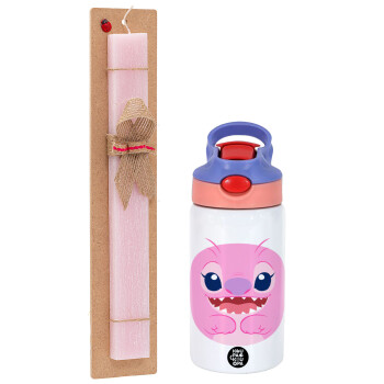 Lilo & Stitch Angel pink, Πασχαλινό Σετ, Παιδικό παγούρι θερμό, ανοξείδωτο, με καλαμάκι ασφαλείας, ροζ/μωβ (350ml) & πασχαλινή λαμπάδα αρωματική πλακέ (30cm) (ΡΟΖ)