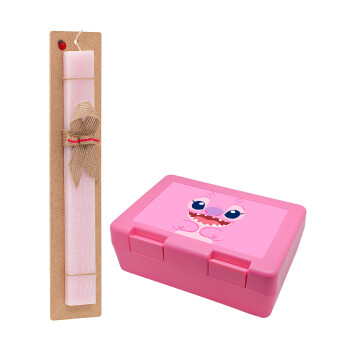 Lilo & Stitch Angel pink, Πασχαλινό Σετ, παιδικό δοχείο κολατσιού ΡΟΖ & πασχαλινή λαμπάδα αρωματική πλακέ (30cm) (ΡΟΖ)