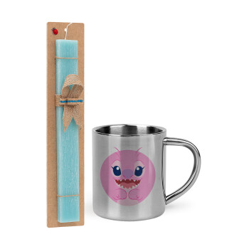 Lilo & Stitch Angel pink, Easter Set, metallic thermal cup (300ml) & aromatic flat Easter candle (30cm) (TURQUOISE)
