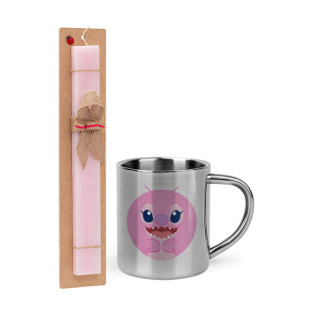 Lilo & Stitch Angel pink, Πασχαλινό Σετ, μεταλλική κούπα θερμό (300ml) & πασχαλινή λαμπάδα αρωματική πλακέ (30cm) (ΡΟΖ)