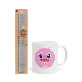 Lilo & Stitch Angel pink, Easter Set, Ceramic Cup (330ml) & Easter aromatic flat candle (30cm) (GRAY)