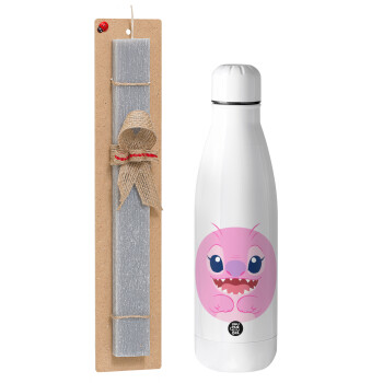 Lilo & Stitch Angel pink, Easter Set, metallic stainless thermos bottle (500ml) & scented flat Easter candle (30cm) (GRAY)