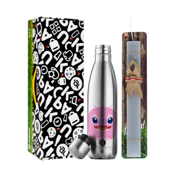 Lilo & Stitch Angel pink, Easter Set, metallic stainless thermos flask (500ml) & scented flat Easter candle (30cm) (GRAY)