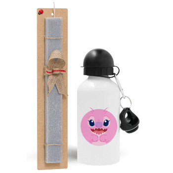 Lilo & Stitch Angel pink, Easter Set, metallic aluminum water bottle (500ml) & aromatic flat Easter candle (30cm) (GRAY)