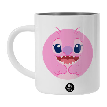 Lilo & Stitch Angel pink, Λευκή Ανοξείδωτη Μεταλλική Κούπα 450ml - Διπλού Τοιχώματος 