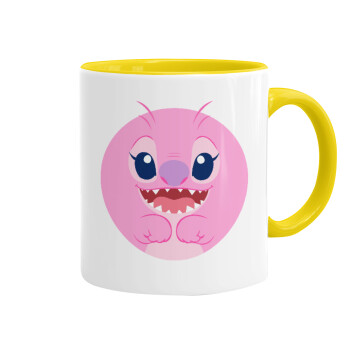 Lilo & Stitch Angel pink, Κούπα χρωματιστή κίτρινη, κεραμική, 330ml