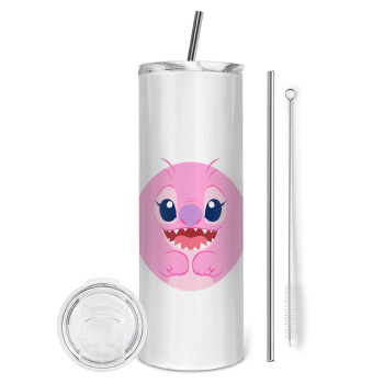 Lilo & Stitch Angel pink, Eco friendly ποτήρι θερμό (tumbler) από ανοξείδωτο ατσάλι 600ml, με μεταλλικό καλαμάκι & βούρτσα καθαρισμού
