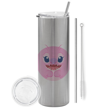 Lilo & Stitch Angel pink, Eco friendly ποτήρι θερμό Ασημένιο (tumbler) από ανοξείδωτο ατσάλι 600ml, με μεταλλικό καλαμάκι & βούρτσα καθαρισμού