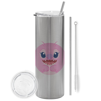 Lilo & Stitch Angel pink, Tumbler stainless steel Silver 600ml, with metal straw & cleaning brush