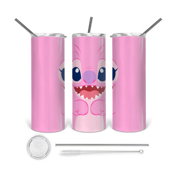 Lilo & Stitch Angel pink, 360 Eco friendly ποτήρι θερμό (tumbler) από ανοξείδωτο ατσάλι 600ml, με μεταλλικό καλαμάκι & βούρτσα καθαρισμού