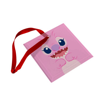 Lilo & Stitch Angel pink, Χριστουγεννιάτικο στολίδι γυάλινο τετράγωνο 9x9cm