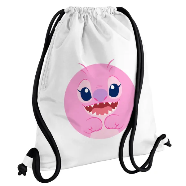 Lilo & Stitch Angel pink — Τσάντα πλάτης πουγκί GYMBAG λευκή, με τσέπη (40x48cm) & χονδρά κορδόνια