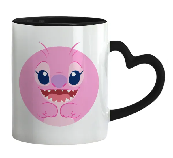 Lilo & Stitch Angel pink — Κούπα καρδιά χερούλι μαύρη, κεραμική, 330ml