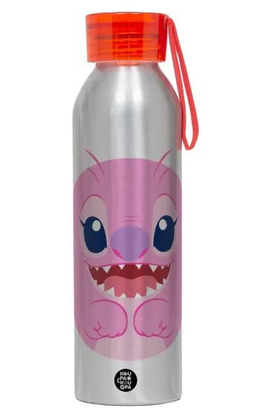 Lilo & Stitch Angel pink — Αλουμινένιο Αθλητικό Μπουκάλι 650ml – Ασημί με Κόκκινο Καπάκι και Λουράκι Σιλικόνης