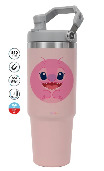 Lilo & Stitch Angel pink — ΡΟΖ Travel Tumbler Θερμός με χερούλι και καλαμάκι 890ml